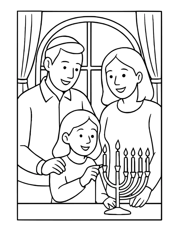 Parents and two children lighting the candles of a menorah by a curtained window