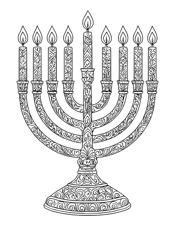Patterned Hanukkah menorah with nine candles on a decorated base