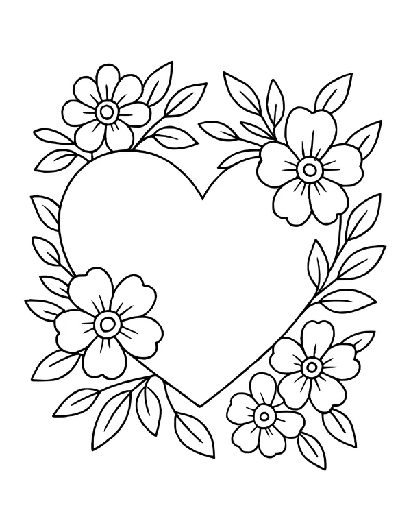 A heart outline with large blossoms and clusters of leaves wrapped around its edges.