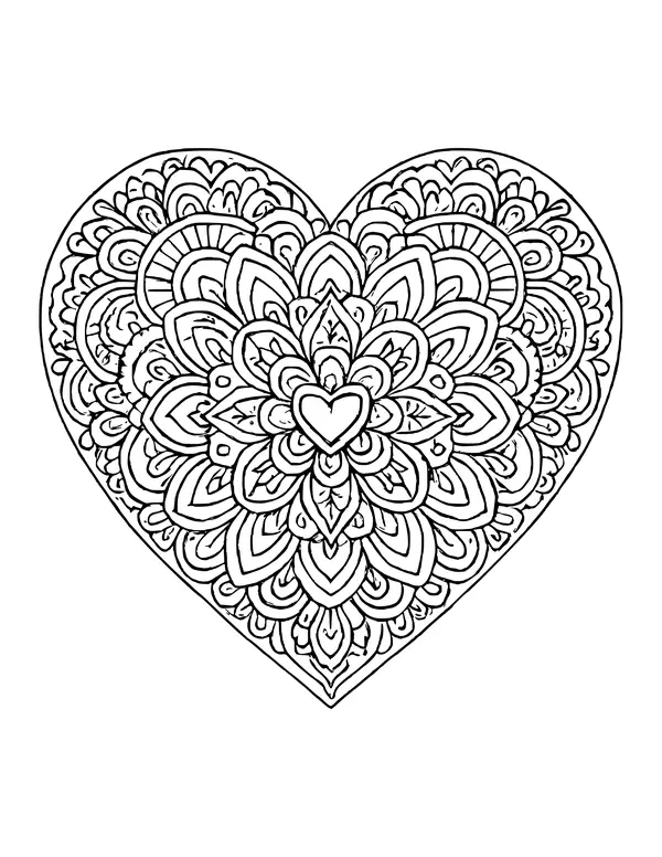 A heart filled with layers of mandala petals radiating from a small heart in the middle.