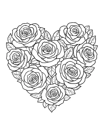 Nine large roses and their leaves arranged together to form the shape of a heart.