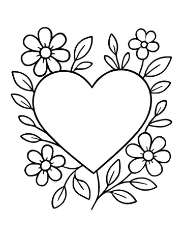 An open heart framed by five-petal daisies and leafy branches on each side.