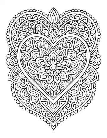 A heart mandala with a flower in the center, a petal-patterned inner heart and a scalloped beaded border.