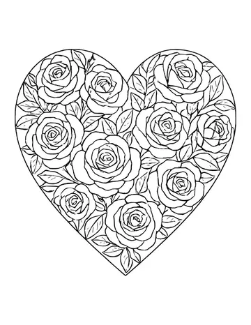 A heart outline filled edge to edge with roses and pointed leaves.