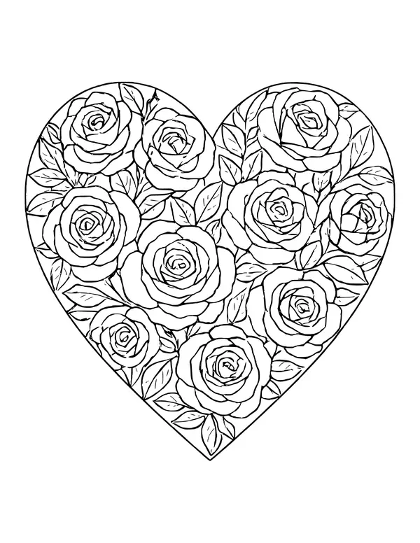A heart outline filled edge to edge with roses and pointed leaves.