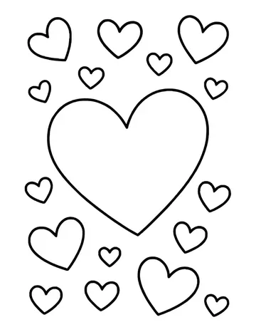 A big heart in the center with many small hearts tilted at different angles all over the page.