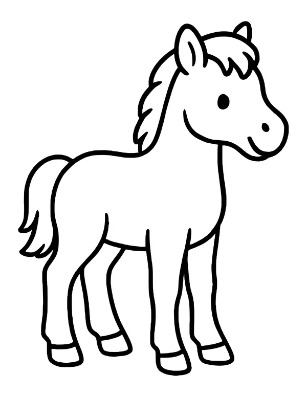 A baby horse with long legs and a short spiky mane, standing in side view.