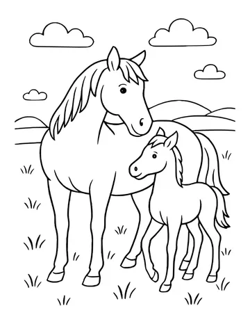 A foal stepping forward beside its mother in a grassy field with rolling hills and clouds.