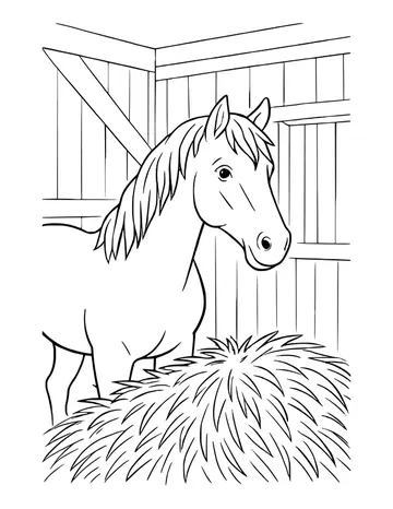 A close view of a horse in a plank barn, standing behind a large heap of hay.