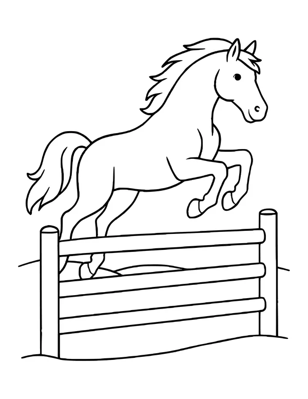 A horse in mid-leap over a three-rail wooden fence with rolling ground behind.