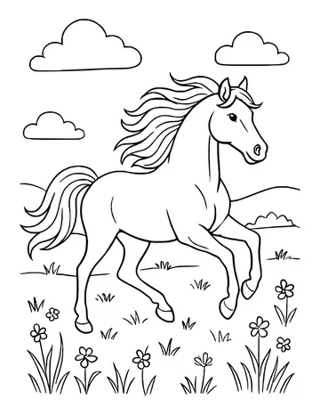 Horse running to the right across a meadow with wildflowers, grass and clouds