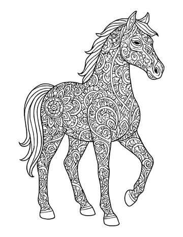 A horse with one front leg raised, its whole body filled with swirls, flowers and mandala shapes.