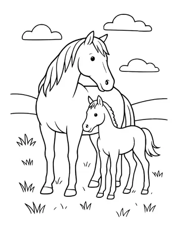 A mother horse standing with her foal close in front, on grass with hills and clouds.