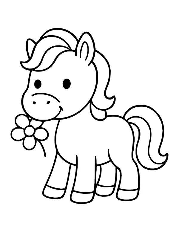 A cute pony facing forward with a fluffy mane, dot eyes and a flower held in its mouth.