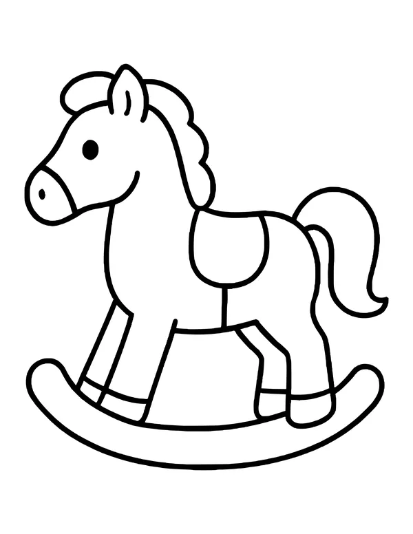 A wooden rocking horse with a smile, curly mane, saddle and curved rockers.