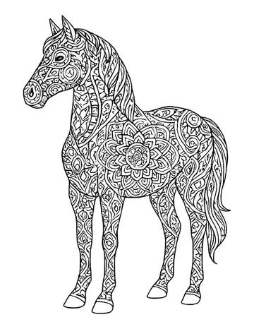 A standing horse facing left, covered in patterns with a large mandala flower on its shoulder.