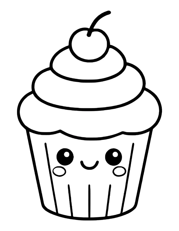 A kawaii cupcake with swirled frosting, a cherry on top and a blushing face on the wrapper.
