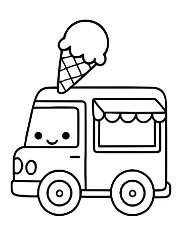 A kawaii ice cream truck with a smiling windshield, an awning window and a giant cone on the roof.