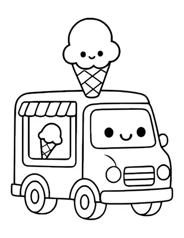 A kawaii truck facing right with a smiling cone on the roof and a cone in the serving window.