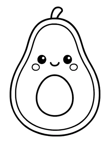 A halved avocado with a little stem, a big round pit and a blushing smiley face.