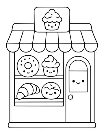 A bakery with a striped awning, a cupcake sign, smiling pastries on shelves and a smiling door.