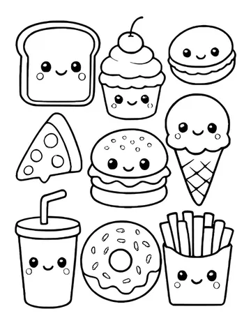 Nine smiling foods: toast, cupcake, macaron, pizza, burger, ice cream, soda cup, donut and fries.