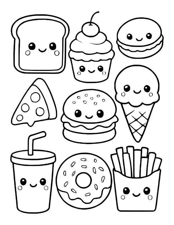 Nine smiling foods: toast, cupcake, macaron, pizza, burger, ice cream, soda cup, donut and fries.