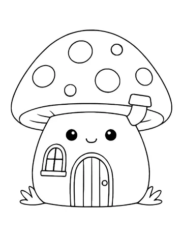 A kawaii mushroom house with a spotted cap, smiling face, arched door, window and chimney pipe.