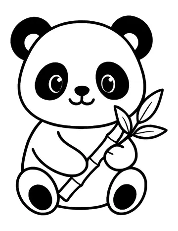 A kawaii sitting panda with black foot pads, holding a slanted bamboo branch.