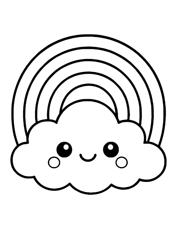 A tall rainbow arching over a smaller smiling cloud with round cheeks.