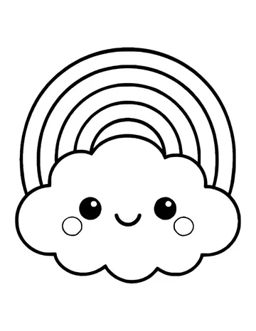 A big kawaii cloud with a smiling face in front of a five-stripe rainbow.