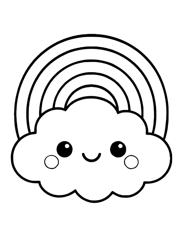 A big kawaii cloud with a smiling face in front of a five-stripe rainbow.