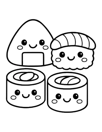 A rice ball, a salmon nigiri and two sushi rolls, each with a blushing smiley face.