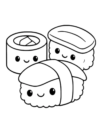A sushi roll and two nigiri pieces, one with a seaweed band, all with smiling faces.
