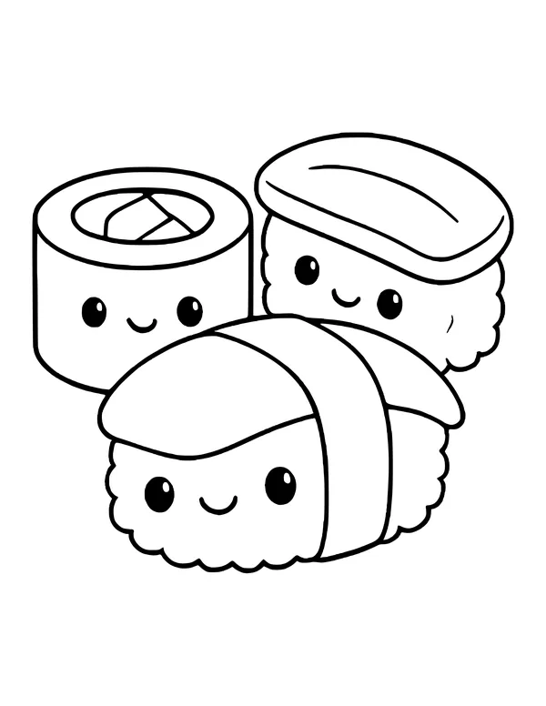 A sushi roll and two nigiri pieces, one with a seaweed band, all with smiling faces.