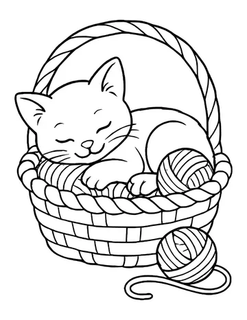 A kitten curled up asleep on a woven basket with a rope rim and two yarn balls.