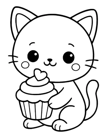 A kawaii kitten with blushing cheeks holding a cupcake topped with a heart.