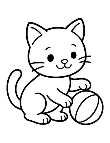 A kitten sitting down and reaching out with a paw to tap a striped ball.