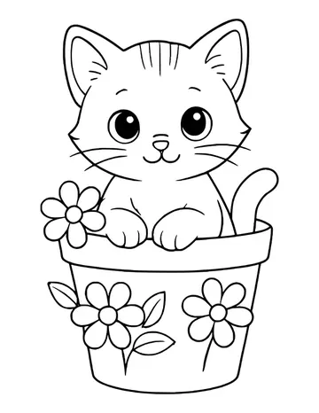 A striped kitten sitting in a flower pot decorated with daisies, one flower beside it.