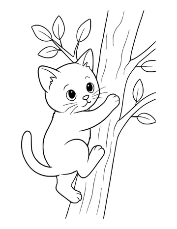 A kitten climbing a tree trunk and looking over its shoulder, with leafy branches nearby.