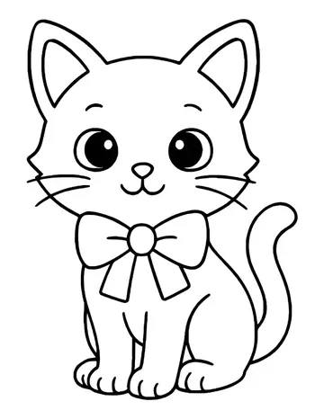 A sitting kitten with large round eyes, a small smile and a big bow under its chin.