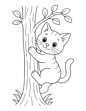 A striped kitten clinging to a tree trunk with leafy branches and grass at the base.