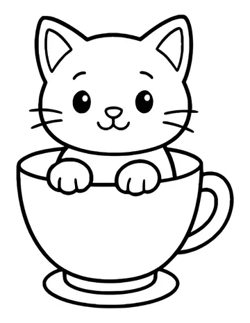 A smiling kitten sitting in a large teacup that rests on a round saucer.