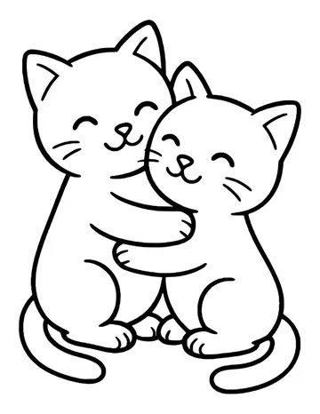 Two kittens with closed smiling eyes hugging cheek to cheek, tails curling at the bottom.