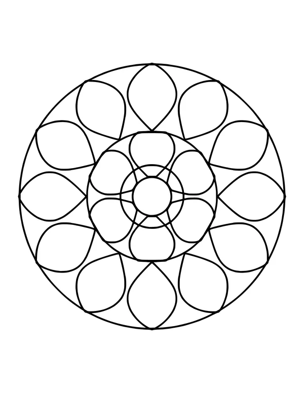 Easy mandala of a six-petal flower inside a ring of large rounded petals