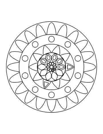 Mandala with a star flower center, a ring of circles and an outer ring of leaf petals