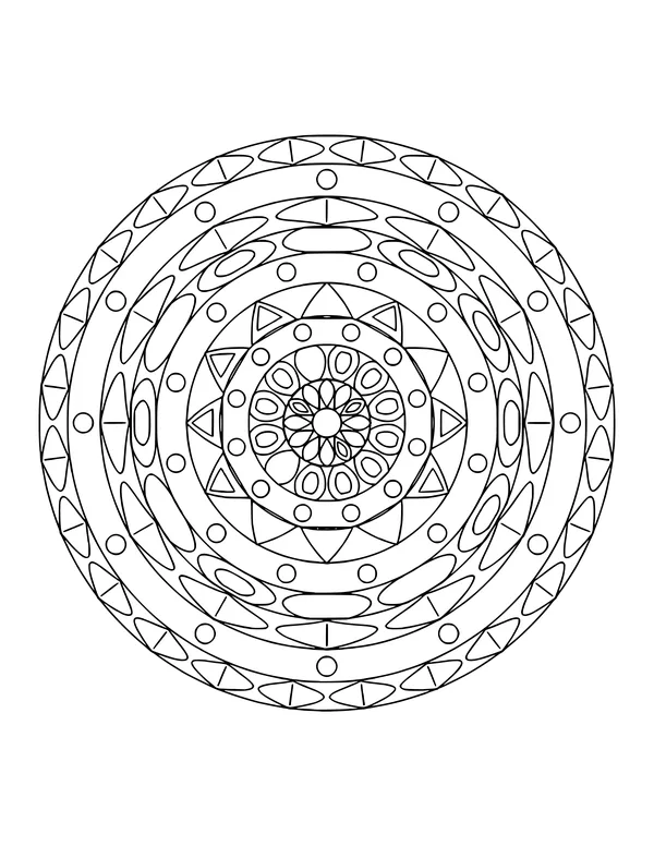 Detailed mandala with eight fine rings of ovals, triangles and dots like lace