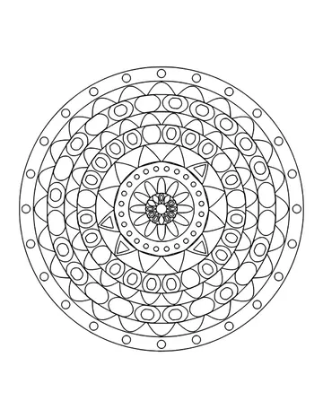 Detailed mandala with rings of dots, ovals and petals around a small flower