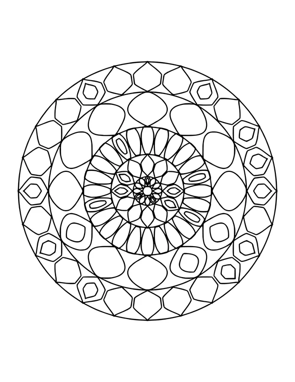 Mandala with a ring of honeycomb hexagons around a ring of long thin petals