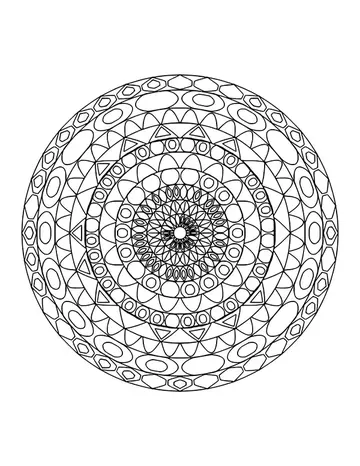 Detailed mandala with nine busy rings of overlapping shapes like a kaleidoscope